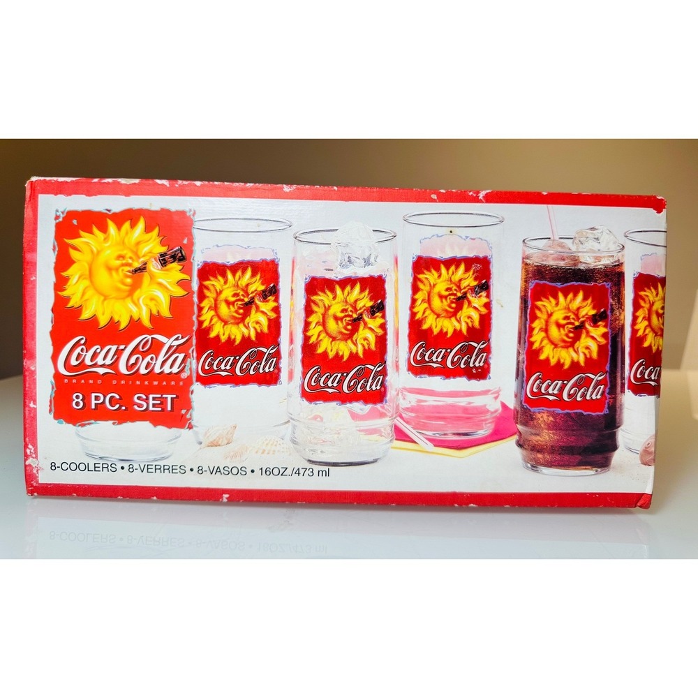 Vintage 1995 Coca-Cola Sun Drinking Coke 16oz Glass Set of 8 Indiana Glass